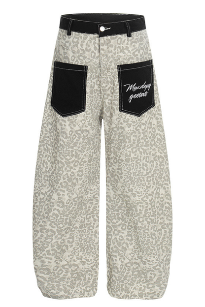 Unisex Spring Retro Colorblock Leopard Wide Curved Jeans