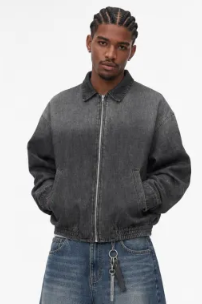 Men's Fall Gradient-Wash Vintage Denim Bomber Jacket
