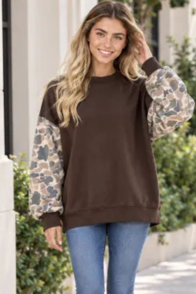 Women Fall Clothing Camo Sleeve Soft Mock Neck Sweatshirt