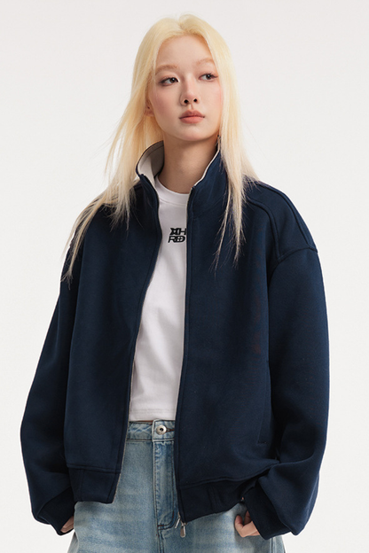 Unisex American Retro Stand Collar Zip Loose Hoodie Cleanfit