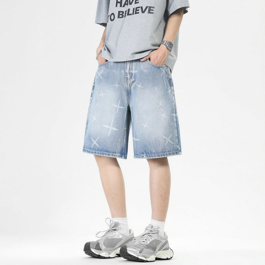 Men's Summer Cross Print Washed Baggy Denim Shorts