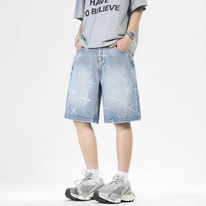Men's Summer Cross Print Washed Baggy Denim Shorts