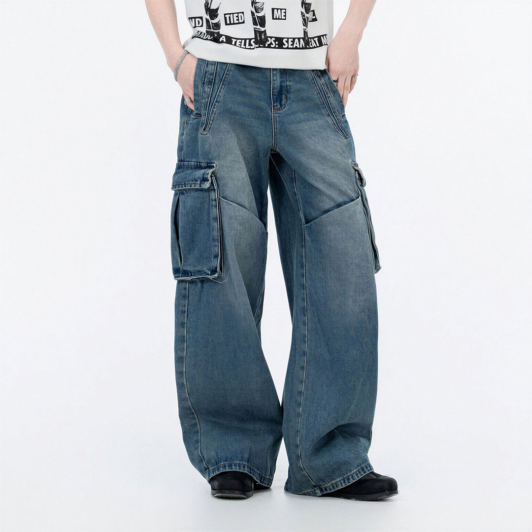 Men's Spring Vintage Blue Multi-Pocket Cargo Denim Jeans