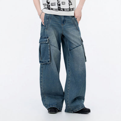 Men's Spring Vintage Blue Multi-Pocket Cargo Denim Jeans