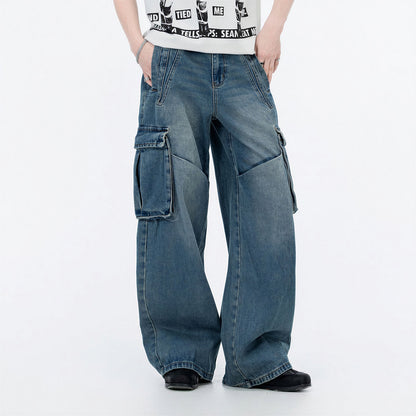 Men's Spring Vintage Blue Multi-Pocket Cargo Denim Jeans