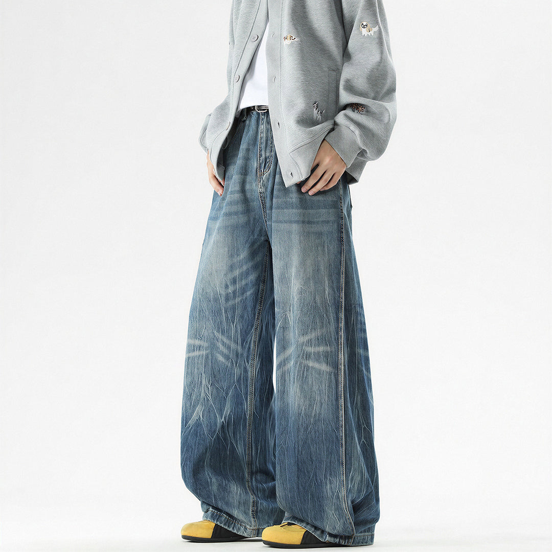 Men's Spring Vintage Whisker Baggy Wide Leg Denim Jeans
