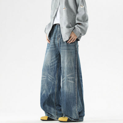 Men's Spring Vintage Whisker Baggy Wide Leg Denim Jeans