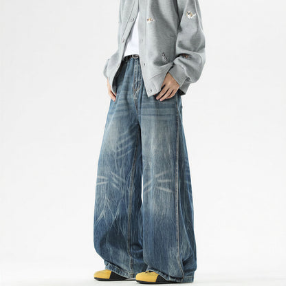 Men's Spring Vintage Whisker Baggy Wide Leg Denim Jeans