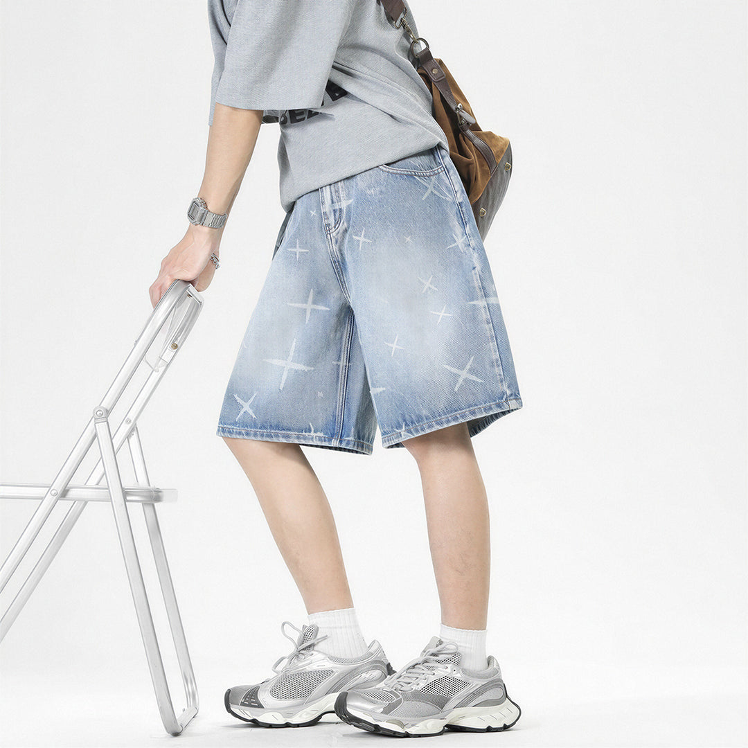 Men's Summer Cross Print Washed Baggy Denim Shorts