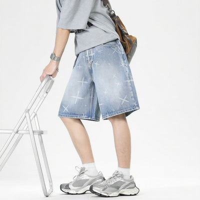 Men's Summer Cross Print Washed Baggy Denim Shorts