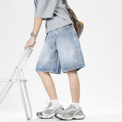 Men's Summer Cross Print Washed Baggy Denim Shorts