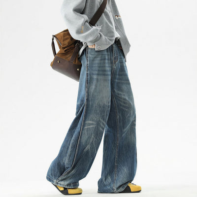 Men's Spring Vintage Whisker Baggy Wide Leg Denim Jeans