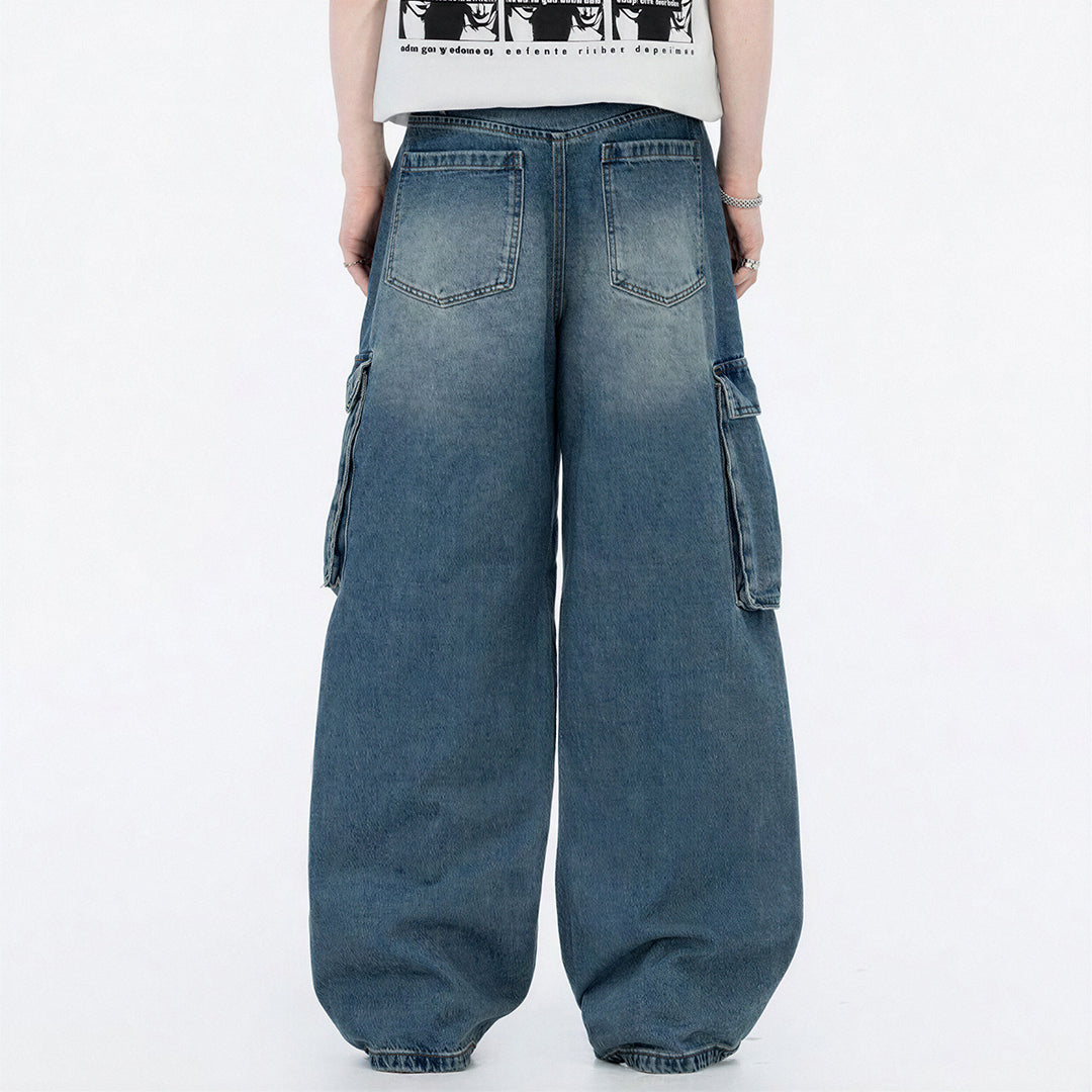 Men's Spring Vintage Blue Multi-Pocket Cargo Denim Jeans