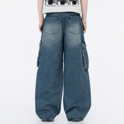 Men's Spring Vintage Blue Multi-Pocket Cargo Denim Jeans