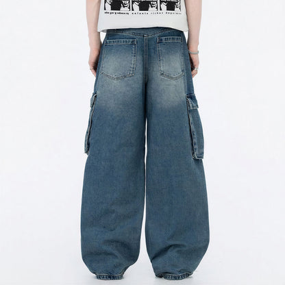 Men's Spring Vintage Blue Multi-Pocket Cargo Denim Jeans