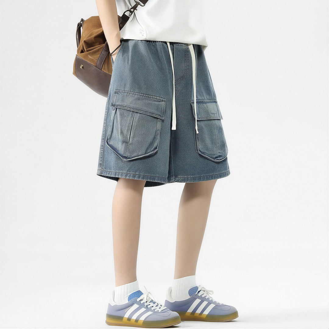 Men's Summer Light Wash Multi-Pocket Cargo Denim Shorts