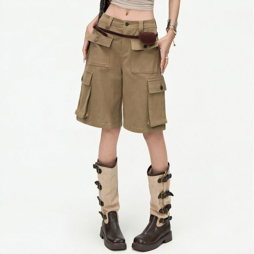 Women's Summer Khaki Multi-Pocket Cargo Denim Shorts