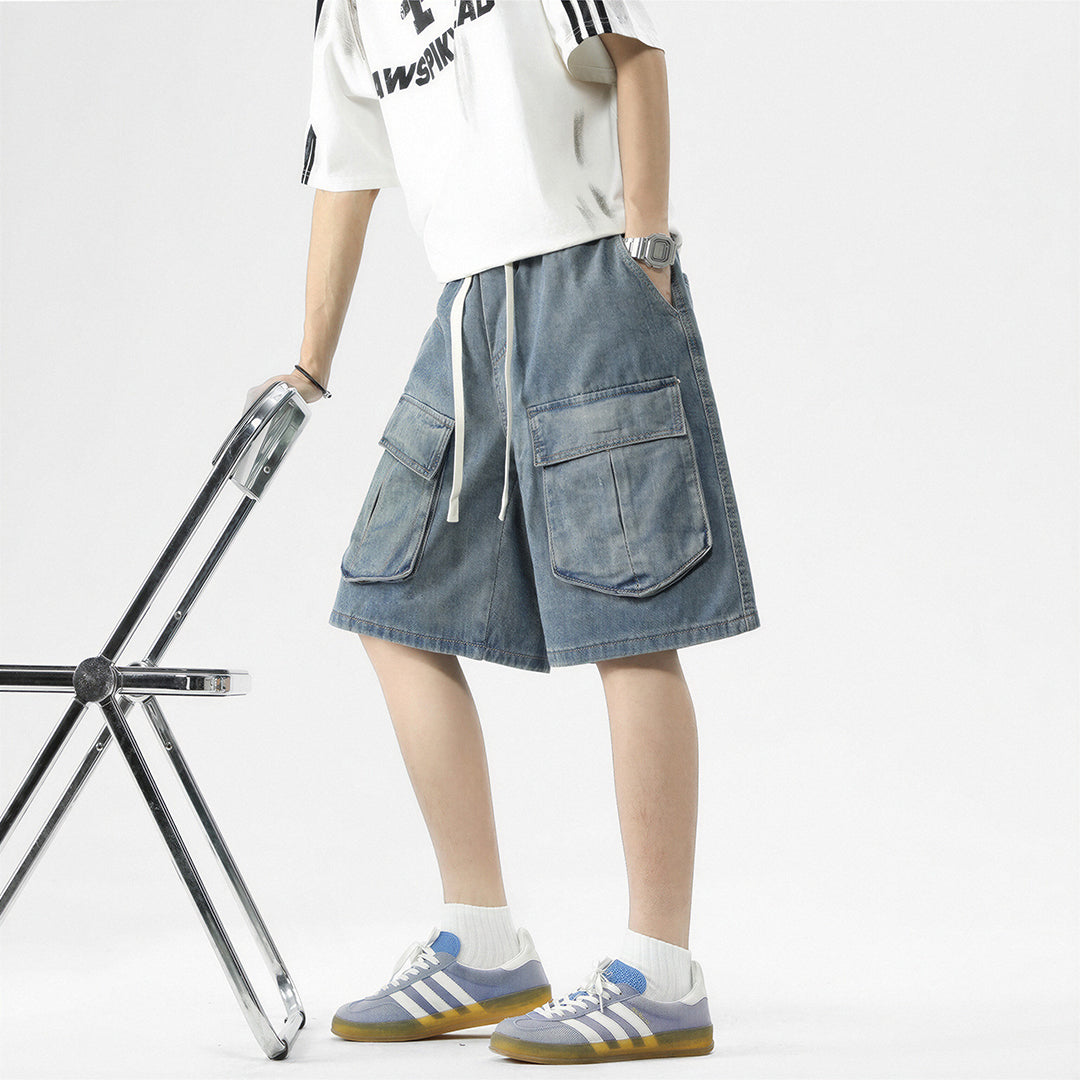 Men's Summer Light Wash Multi-Pocket Cargo Denim Shorts