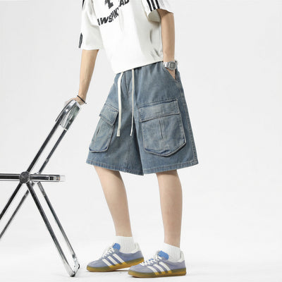 Men's Summer Light Wash Multi-Pocket Cargo Denim Shorts