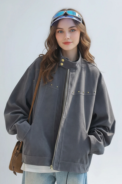 Unisex Spring New Barn Rivet Crop Harrington Jacket