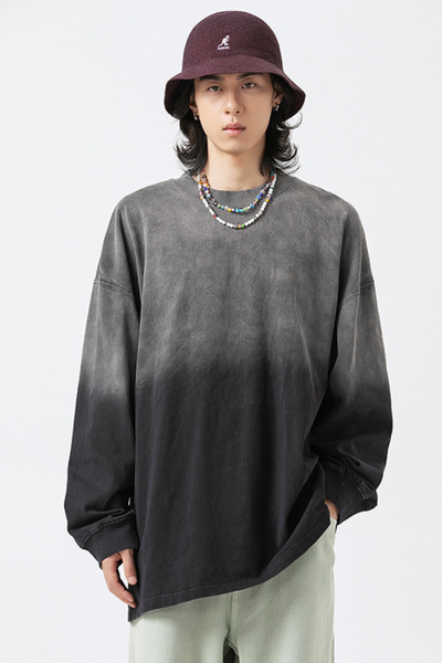 Unisex Heavy Washed American Gradient Loose Long Sleeve Tee