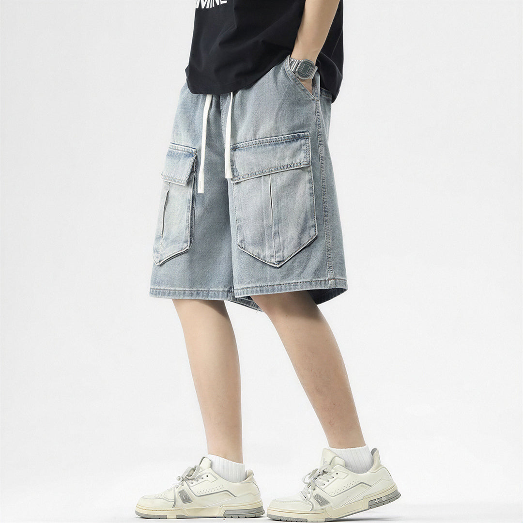Men's Summer Light Wash Multi-Pocket Cargo Denim Shorts