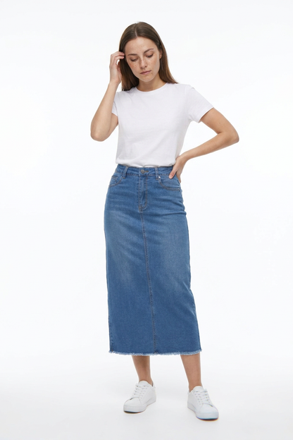 Women's High Waist Back Slit Denim Midi Skirt