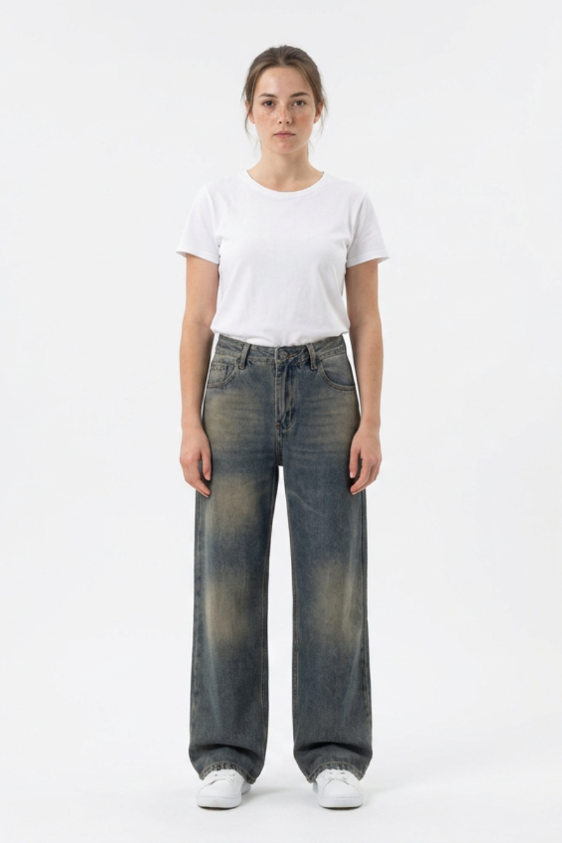 Women's 100% Cotton Vintage Wash Straight Leg Jeans