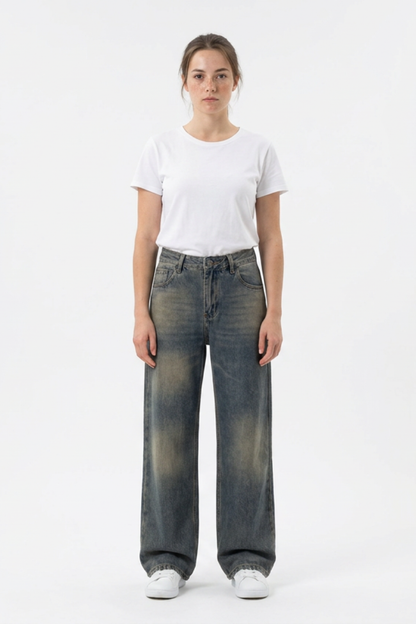 Women's 100% Cotton Vintage Wash Straight Leg Jeans