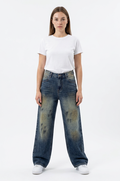 Women's Vintage Wash High Waist Straight Wide Leg Jeans