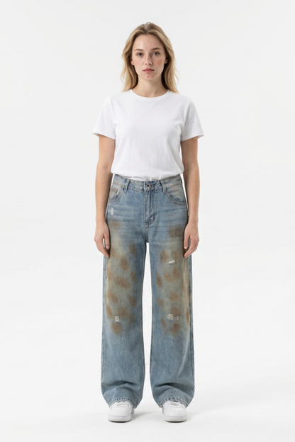 Women's Multi-Layer Dirty Wash High Waist Wide Leg Jeans