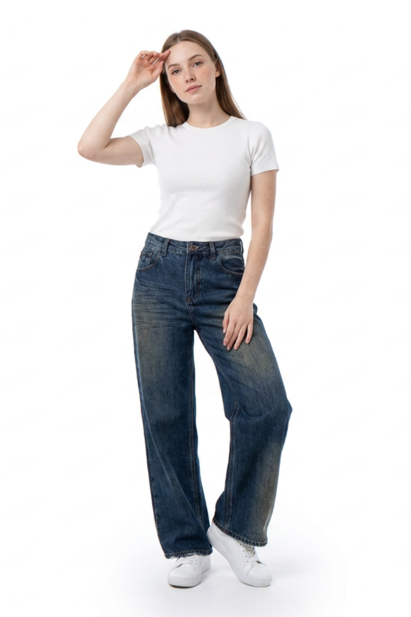 Women's 100% Cotton High Waist Wide Leg Jeans