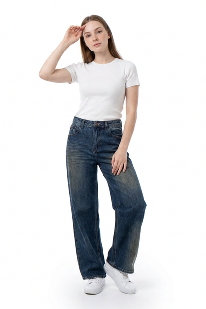 Women's 100% Cotton High Waist Wide Leg Jeans