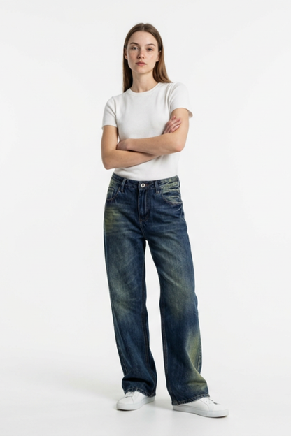 Women's Vintage Wash High Waist Straight Leg Jeans