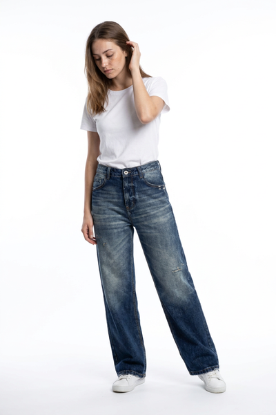 Women's Distressed High Waist Straight Leg Jeans