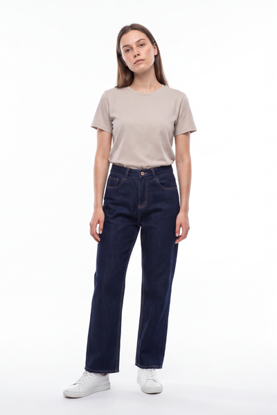 Women's Raw Denim Blue High Waist Straight Leg Jeans