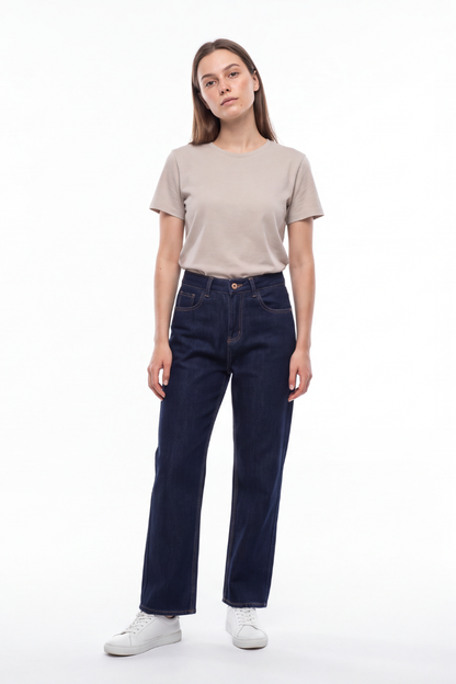 Women's Raw Denim Blue High Waist Straight Leg Jeans