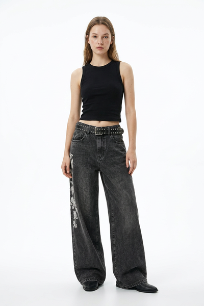 Women's Floral Embroidered High Waist Stretch Wide Leg Jeans