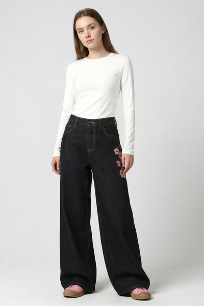 Women's Floral Embroidered High Waist Wide Leg Jeans
