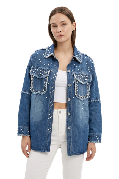 Women's Pearl Embellished Oversized Wash Denim Jacket