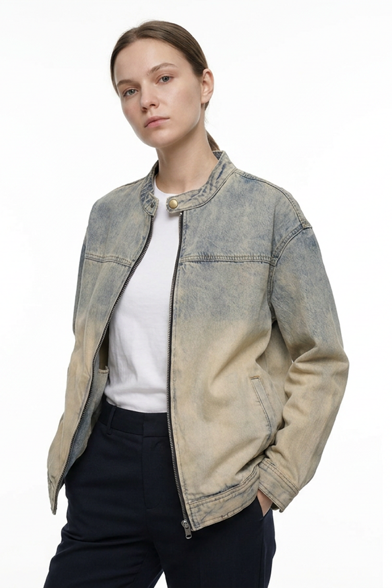 Women's Washed Stand Collar Zip-Up Vintage Denim Jacket