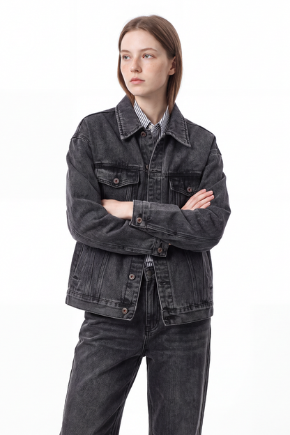 Women's Washed Black Grey Classic Denim Jacket