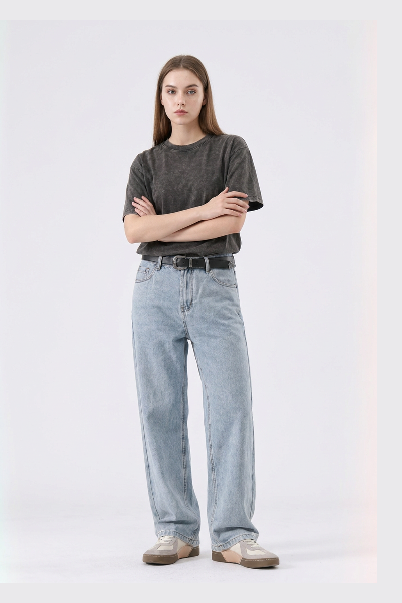 Women's Classic Bleach Wash High Waist Straight Leg Jeans