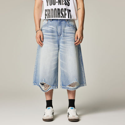 Men's Summer Cat Whisker Ripped Wide-Leg Denim Shorts