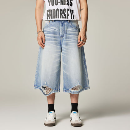 Men's Summer Cat Whisker Ripped Wide-Leg Denim Shorts
