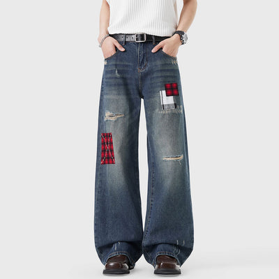 Men's Spring Ripped Plaid Patch Wide Leg Denim Jeans