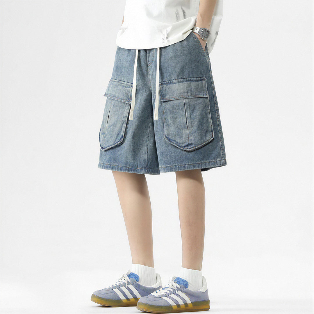 Men's Summer Light Wash Multi-Pocket Cargo Denim Shorts