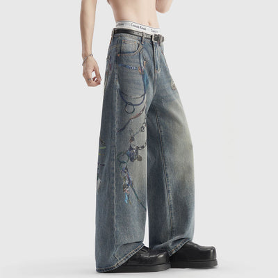 Men's Spring Blue Keychain Print Wide Leg Denim Jeans