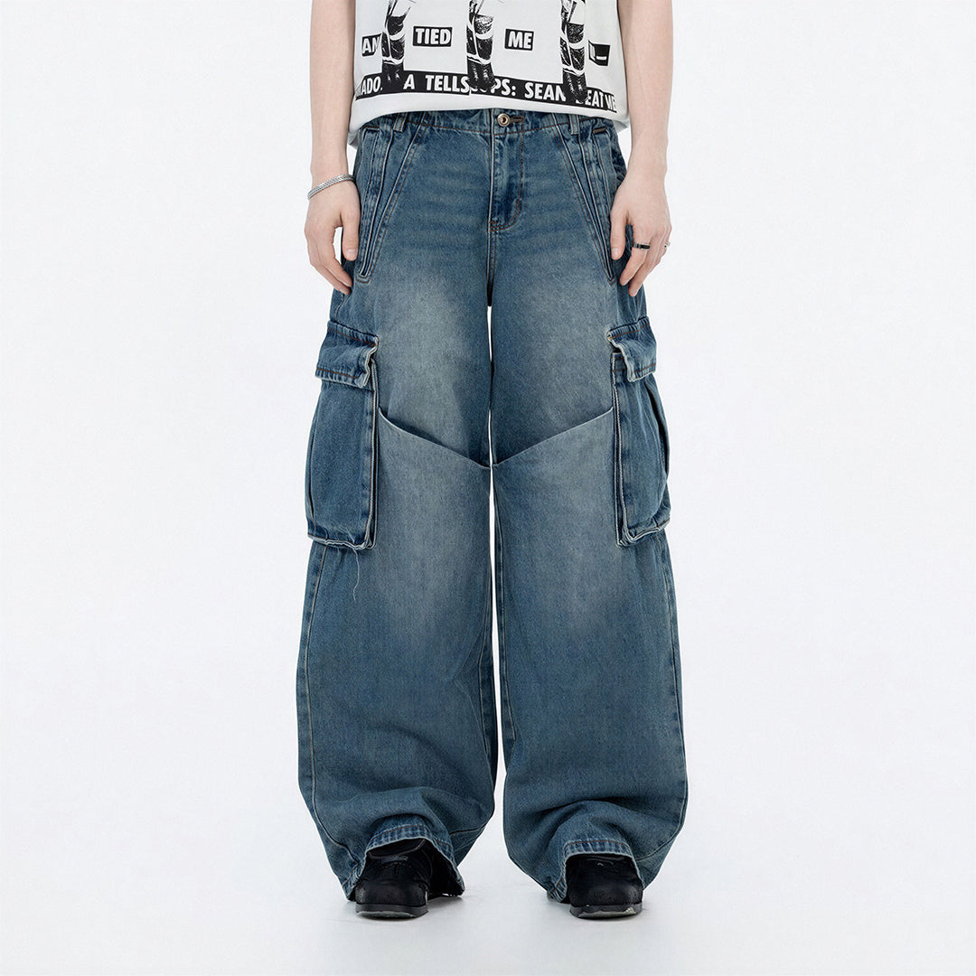 Men's Spring Vintage Blue Multi-Pocket Cargo Denim Jeans