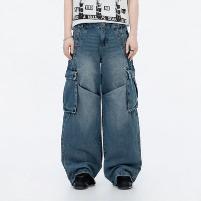 Men's Spring Vintage Blue Multi-Pocket Cargo Denim Jeans